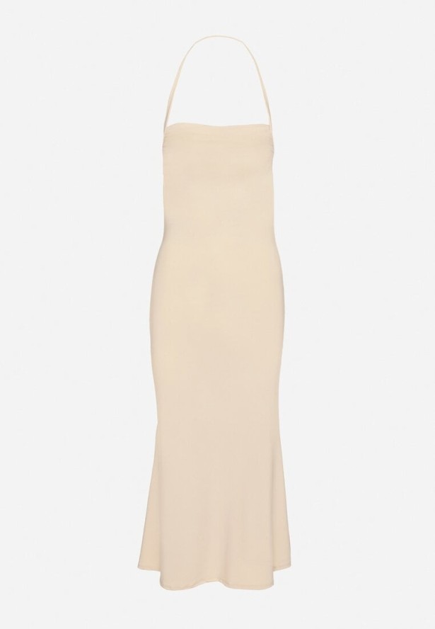 Beżowa Taliowana Sukienka Koktajlowa z Wiskozą Izazira