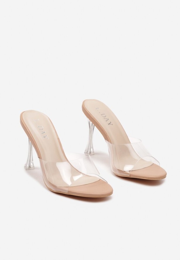 Ciemnobeżowe Transparentne Klapki na Wysokiej Szpilce Vaprese