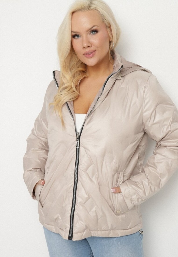 Beżowa Kurtka Dwustronna z Odpinanym Kapturem Frolbia