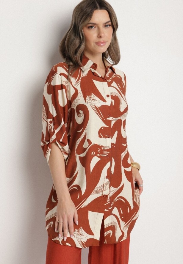 Pomarańczowy Komplet z Wiskozą Koszula i Spodnie w Geometryczny Wzór Nitasenia