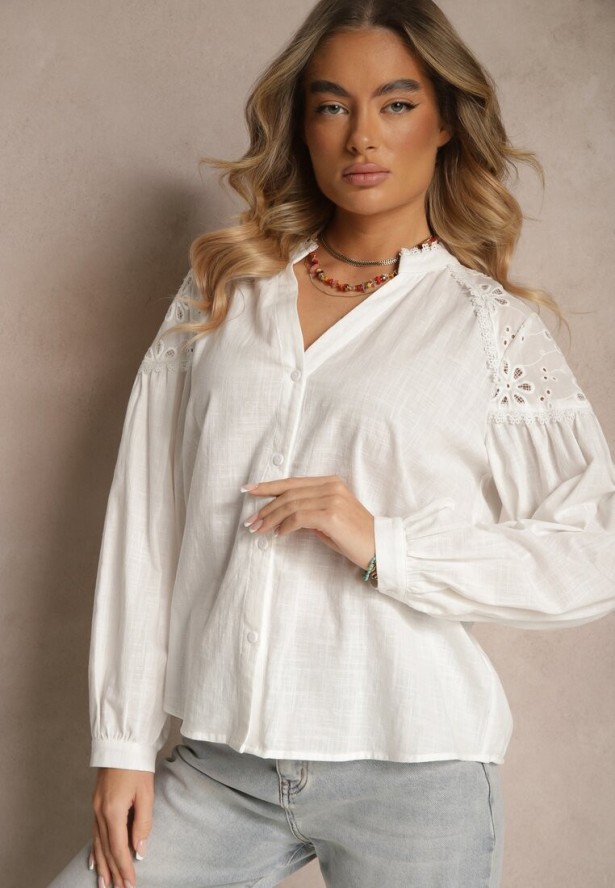 Biała Koszula z Bawełny Ozdobiona Koronkowymi Wstawkami Erivaris
