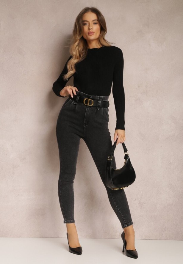 Czarne Jeansy Mom Fit z Paskiem Astera