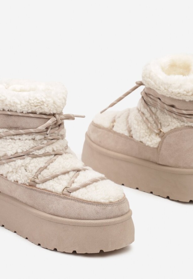 Beżowe Futerkowe Śniegowce Sznurowane na Grubej Podeszwie Werira