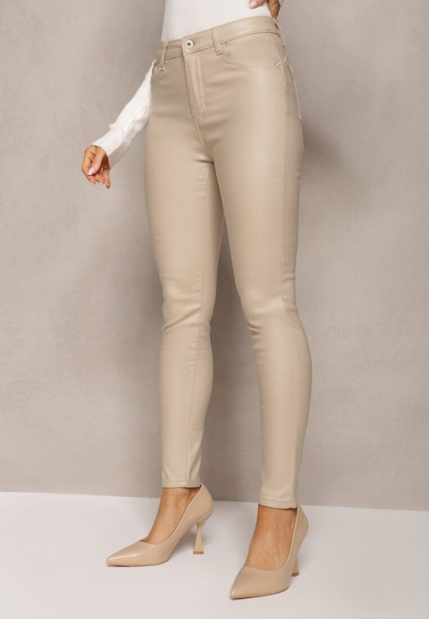 Beżowe Dopasowane Spodnie Push Up z Imitacji Skóry Lindrela