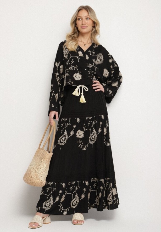 Czarny Komplet z Wiskozy w Stylu Boho Koszula Nietoperz i Spódnica Sepalisse