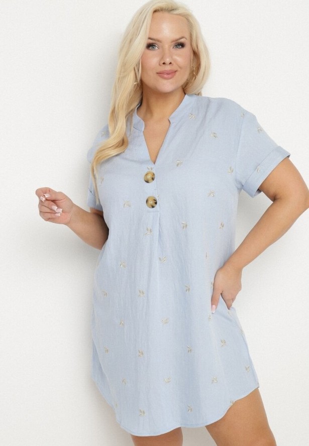 Jasnoniebieska Bawełniana Tunika z Ozdobnymi Guzikami i Naszywkami Sovozi