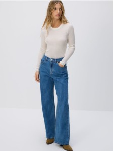 Jeansy wide leg w paski - niebieski