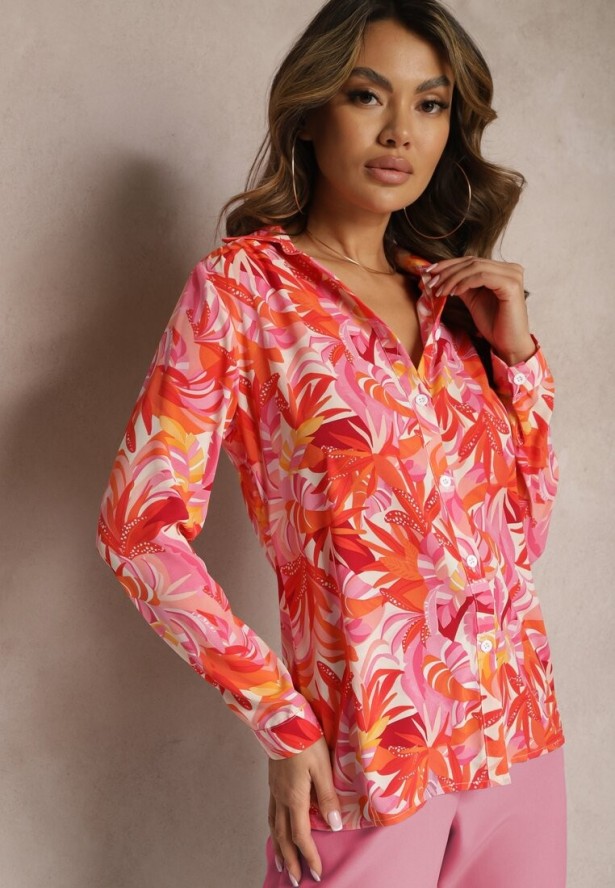 Różowo-Czerwona Koszula o Klasycznym Kroju we Florystyczny Print Ationama