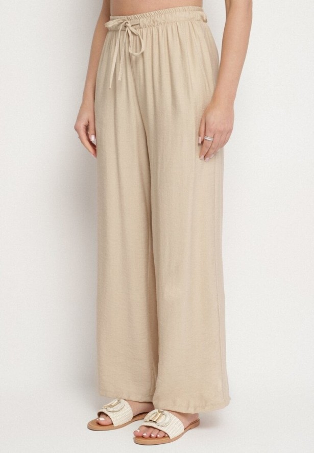 Ciemnobeżowy Wiskozowy Komplet Krótka Bluzka na Guziki Szerokie Spodnie z Gumką w Talii Rissanama