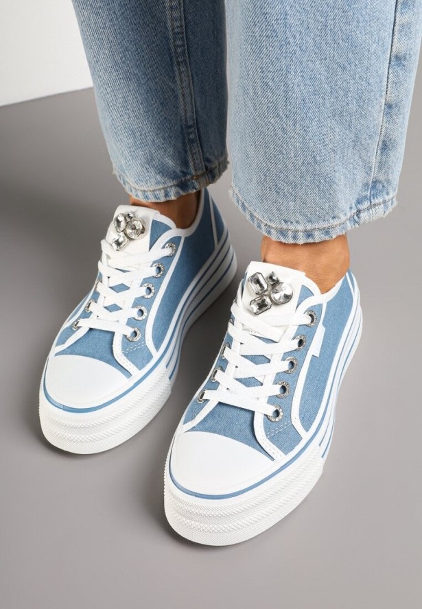 Niebieskie Trampki na Grubej Podeszwie z Aplikacją z Cyrkoniami Galtewin