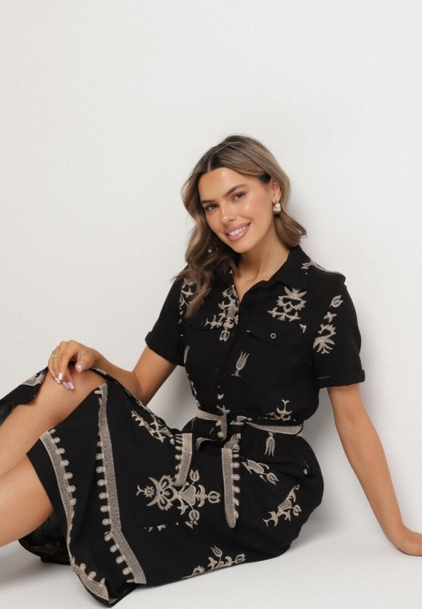Czarna Wiskozowa Sukienka Koszulowa z Haftowanym Wzorem i Paskiem Divalis