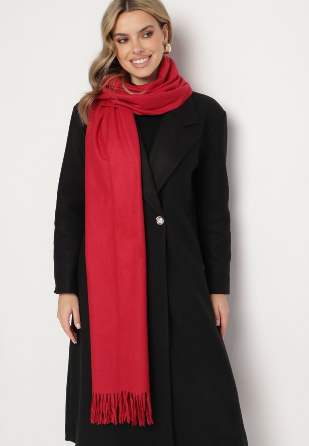 Bordowy Szalik z Tkaniny Wykończony Frędzlami Teofilla