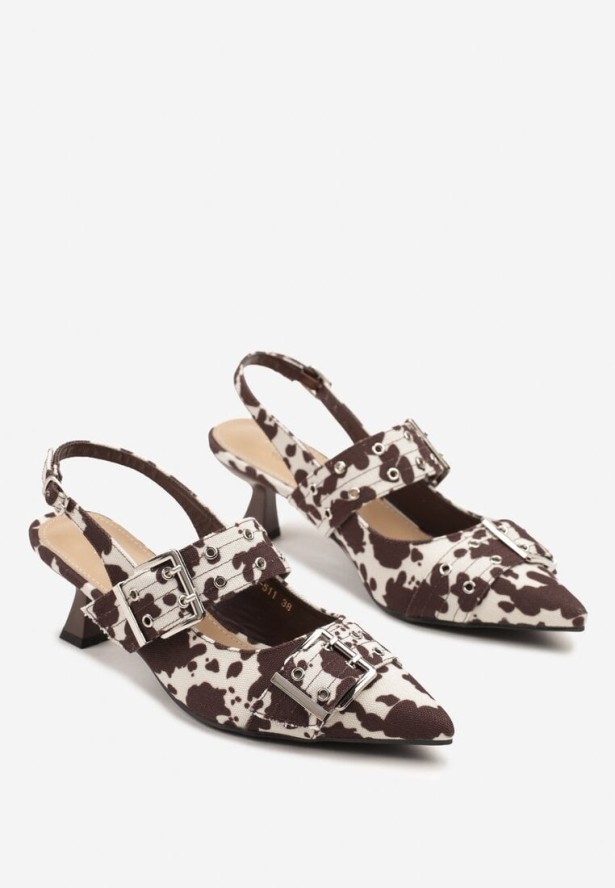 Brązowe Sandały Slingback na Kaczuszce Zdobione Nitami i Klamrami Leaelia