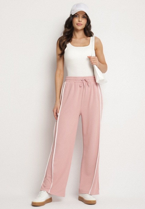 Różowe Spodnie Dresowe o Szerokim Kroju z Wysokim Stanem i Lampasami Sopiva