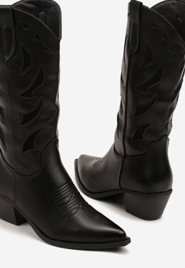 Czarne Kozaki Kowbojki na Obcasie z Tłoczoną Cholewką Latuella