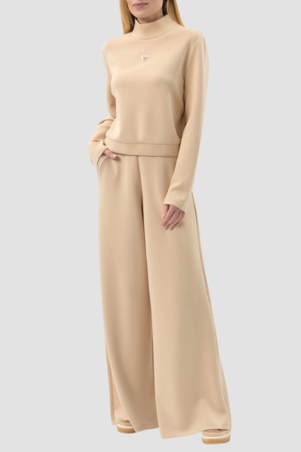 GUESS Beżowe damskie spodnie dresowe Olympe Wide Leg, Rozmiar M