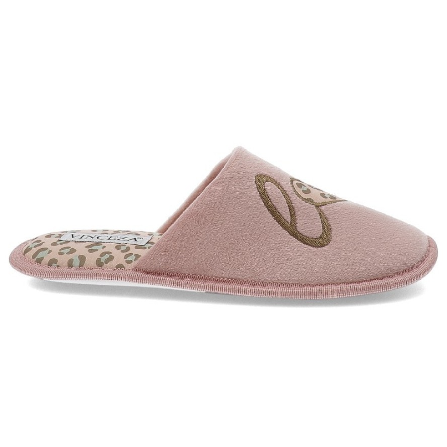 Kapcie damskie Vinceza, pantofle ocieplane z futerka z ozdobami, różowe, 19960-PN