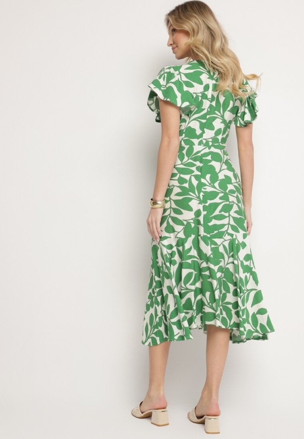Jasnozielona Rozkloszowana Sukienka z Wiązaniem w Roślinny Wzór Janitaie