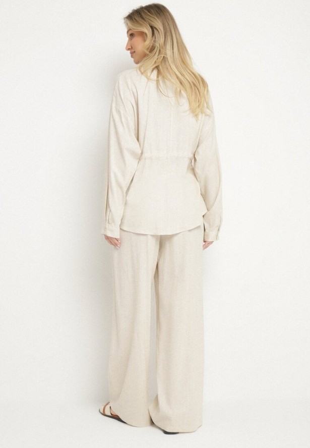 Beżowy Komplet z Wiskozą Koszula Ściągana w Talii i Szerokie Spodnie Divellara