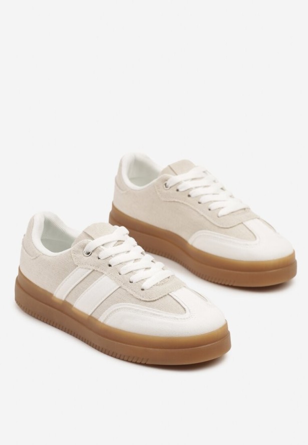 Biało-Beżowe Sneakersy w Stylu Tenisówek z Paskami Falanisa