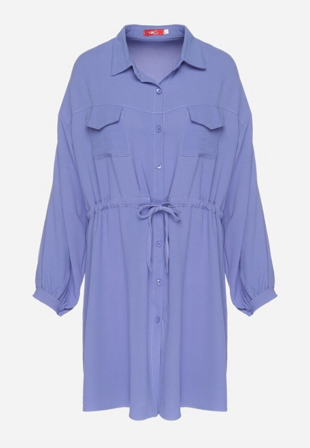 Niebieska Koszulowa Sukienka z Bawełną i Wiązaniem w Pasie Ulalienna