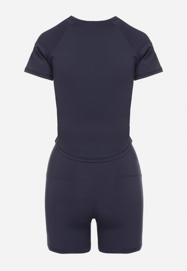 Granatowy Komplet Sportowy T-shirt i Szorty z Ozdobnym Lampasem Zorettia