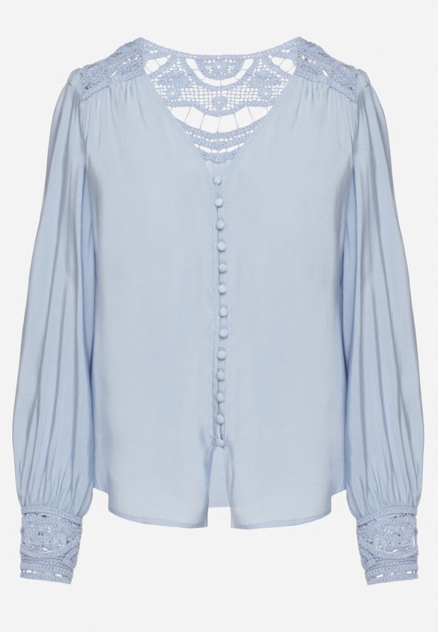 Jasnoniebieska Koszula z Ażurowymi Wstawkami Nanlira