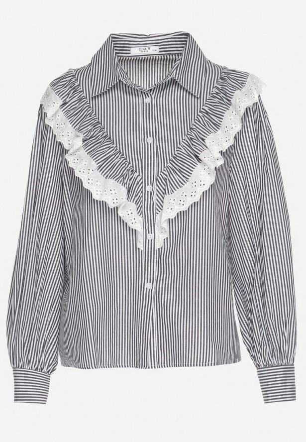 Czarna Bawełniana Koszula w Paski z Ozdobnym Dekoltem z Falbanką Paleriella