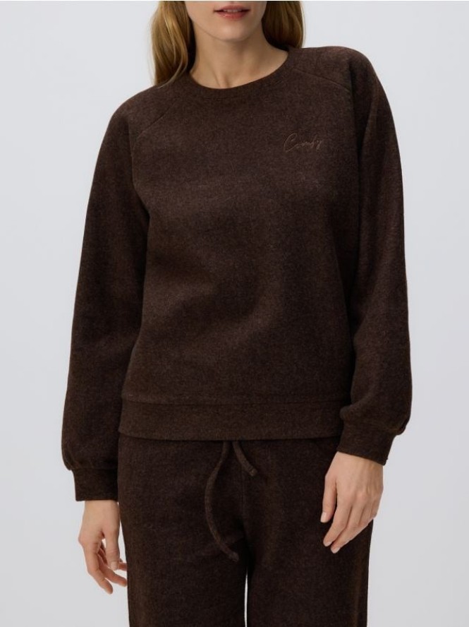 Dzianinowa bluza z haftem - ciemnobrązowy