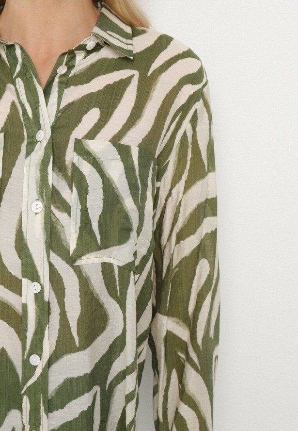 Zielona Klasyczna Koszula w Zebrę z Przezroczystej Tkaniny z Wiskozy Bovianne