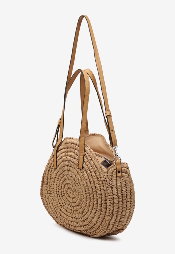 Beżowa Pleciona Okrągła Torebka Shopperka z Długimi Rączkami i Paskiem Acelema