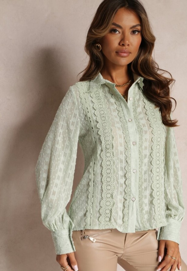 Miętowa Koszula z Tkaniny Plumeti Zdobiona Metaliczną Nitką i Koronką Mulliner