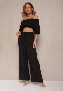 Czarny Komplet Spodnie o Szerokim Kroju i Bufiasta Bluzka Idalisse