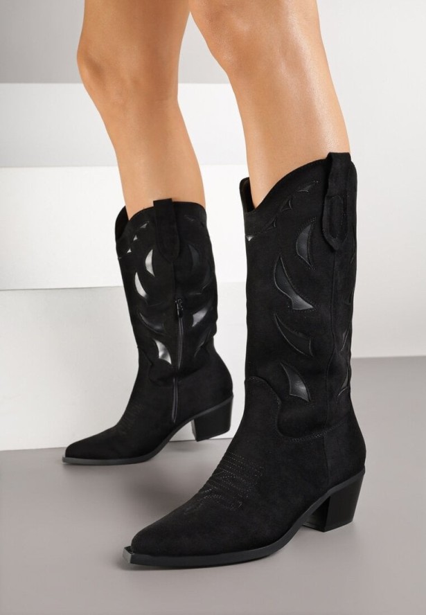Czarne Botki Kowbojki na Stożkowym Obcasie z Geometrycznym Wzorem Lativia