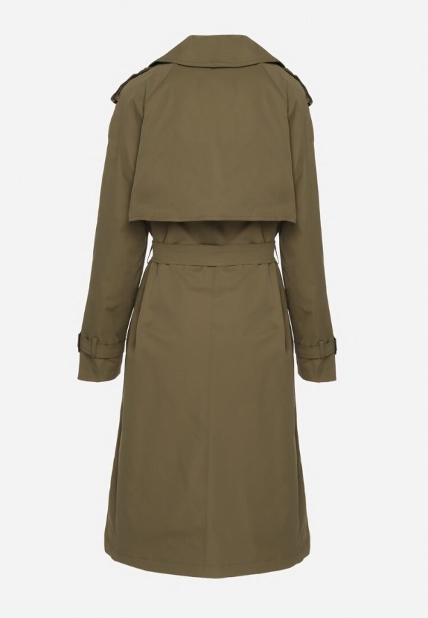Ciemnozielony Płaszcz Trencz z Wiskozą o Klasycznym Kroju z Paskiem Mabbea