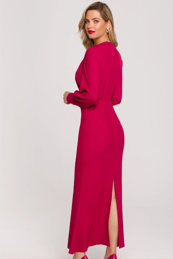 Długa wieczorowa sukienka rybka z bufiastymi rękawami śliwkowa