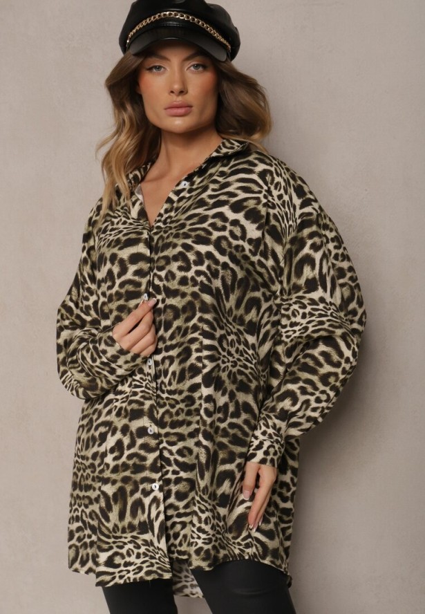 Ciemnobeżowa Koszula Oversize z Wiskozy z Lnem Sanalinae