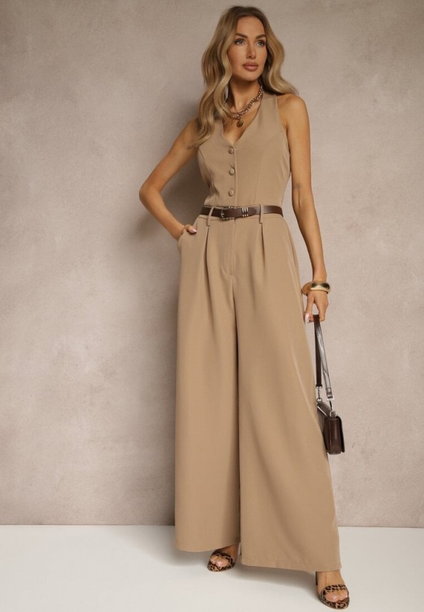 Ciemnobeżowy Taliowany Kombinezon z Guzikami Nilaviella