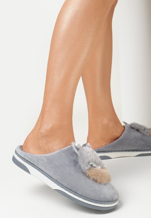 Szare Kapcie Futrzane z Kotkiem Rirovi