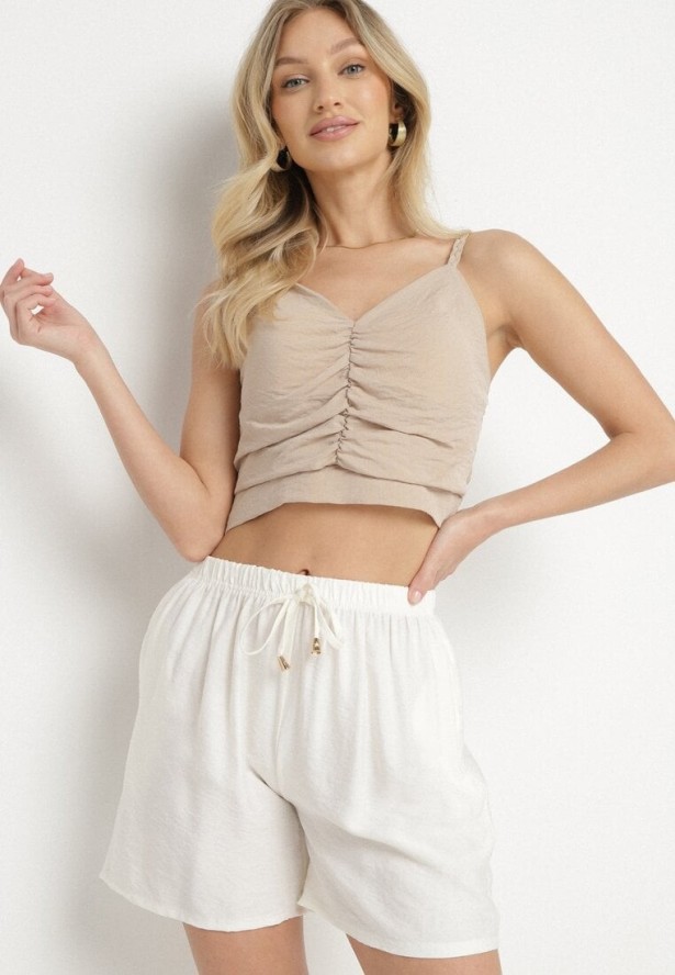 Jasnobeżowe Bawełniane Szorty z Wysokim Stanem Ozdobione Wiązaniem Filomira