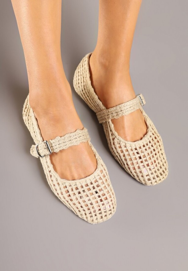 Beżowe Ażurowe Balerinki w Stylu Mary Jane z Plecioną Cholewką Deraelle