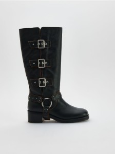 Skórzane kozaki biker - czarny