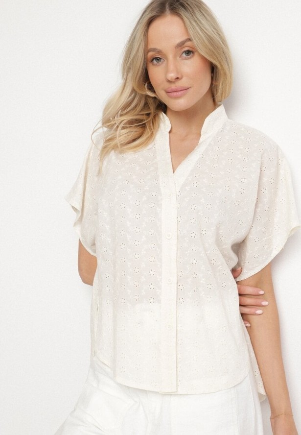 Ciemnobeżowa Bawełniana Koszula z Ozdobnym Haftem Teladwena