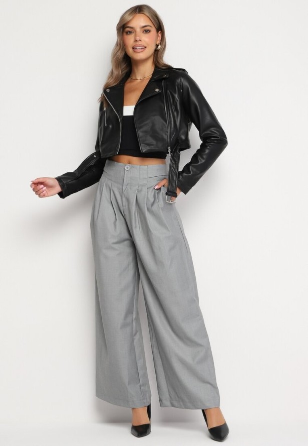 Szare Szerokie Garniturowe Spodnie z Wiskozą i Wysokim Stanem Harinavia