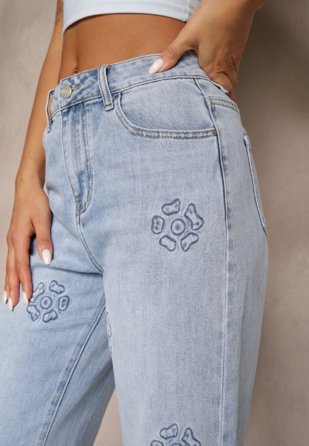 Niebieskie Szerokie Jeansy High Waist Zdobione Wzorem w Kwiaty Firedis