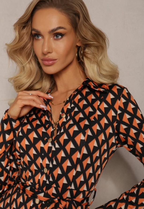 Pomarańczowo-Czarna Sukienka Koszulowa Rozkloszowana Burrus