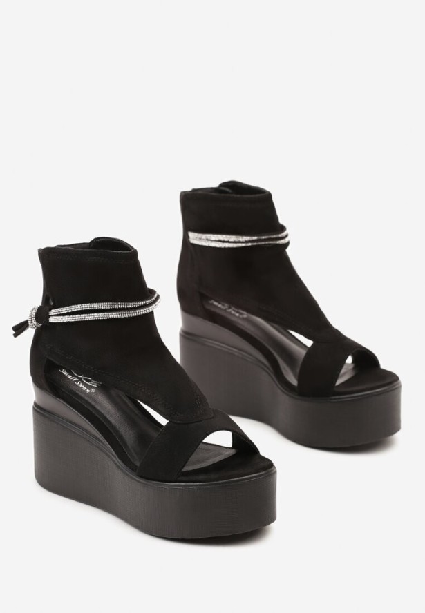 Czarne Sandały za Kostkę na Platformie z Koturnem Ozdobione Cyrkoniami Gavrela