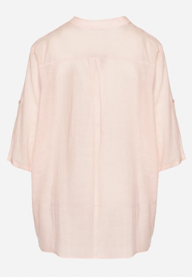 Jasnoróżowa Haftowana Koszula z Bawełny z Podwijanymi Rękawami Aradwena