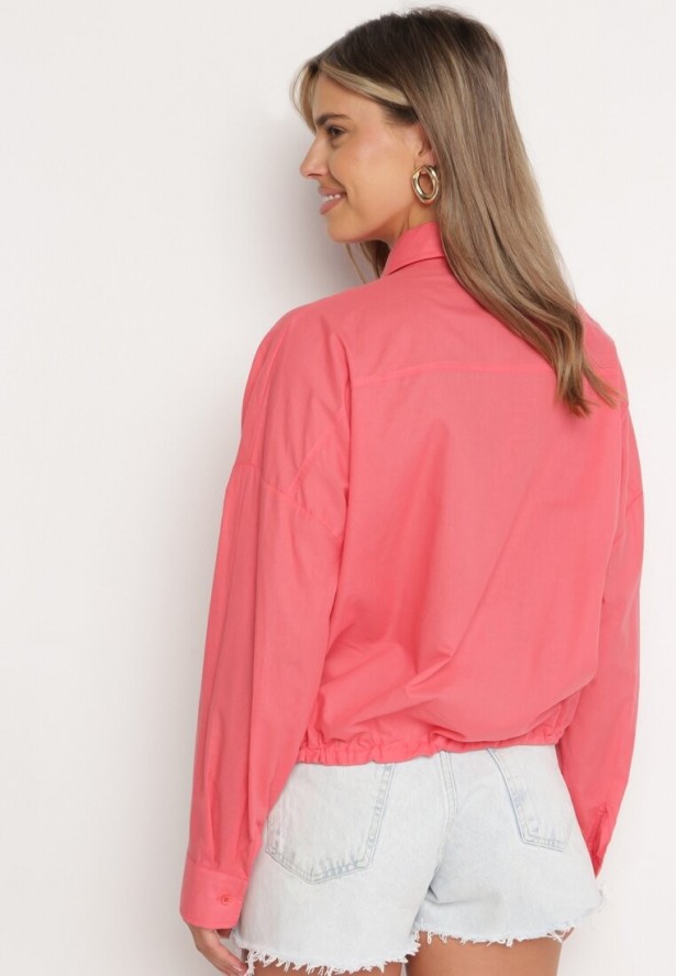 Ciemnoróżowa Bawełniana Koszula z Dłuższym Tyłem z Ozdobną Kieszonką i Gumką Ralena