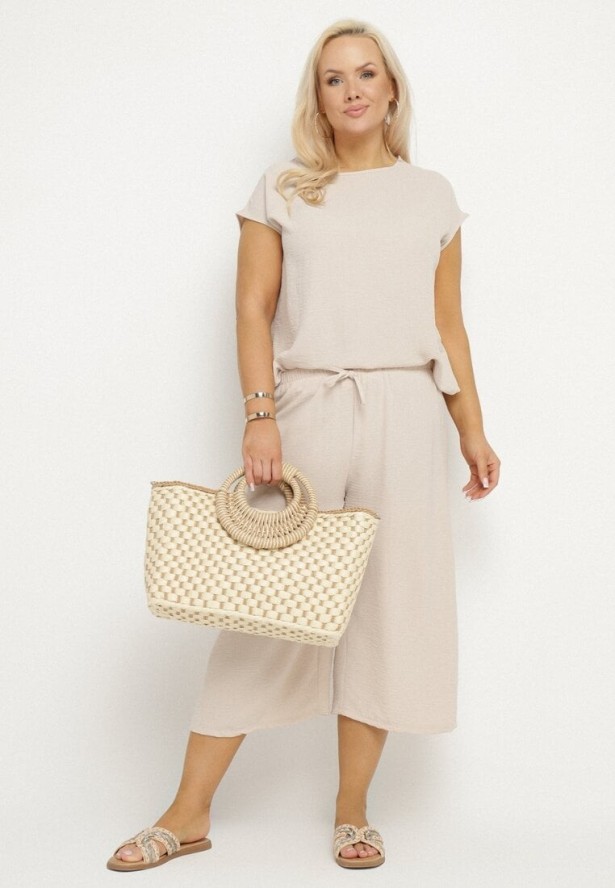 Jasnobeżowy Komplet Bluzka i Szerokie Spodnie Jenoretia
